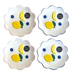 Lemon Appetizer Dessert Plates Set 4 Blue & Pink Rim Hand Painted 6” Round NWT